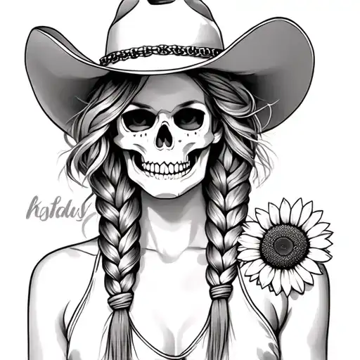 cowgirl with 2 braids skull face tattoo sunflower blooming tattoo design idea