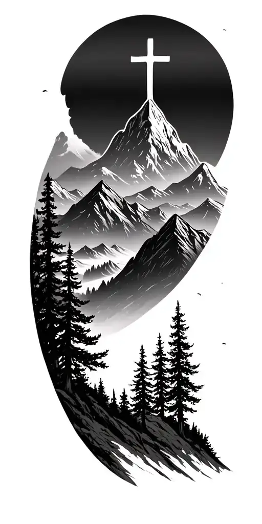 mountains and trees with cross tattoo design idea