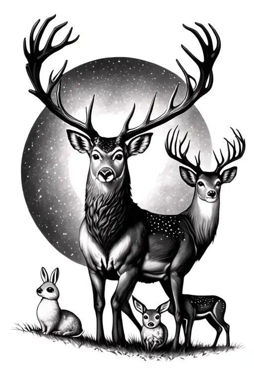 forest, stag, doe, 2 deer, flying owl and white rabbit tattoo design idea
