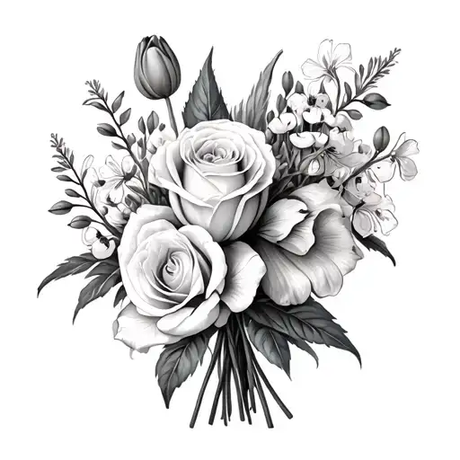 Flower bouquet with rose tulip jaw muguet mimosa tattoo design idea