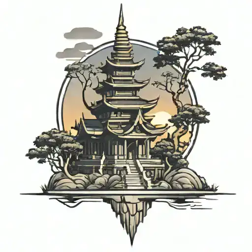 A Traditional Thai Temple with sunset and tree on the left side tattoo tattoo design idea