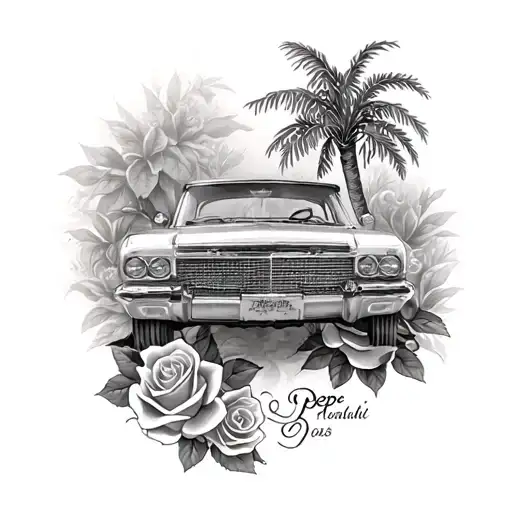 car tattoo with palm tree and roses and my grandfathers name pepe tattoo design idea