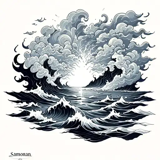 samonan, clouds, fire, rain, sea tattoo design idea