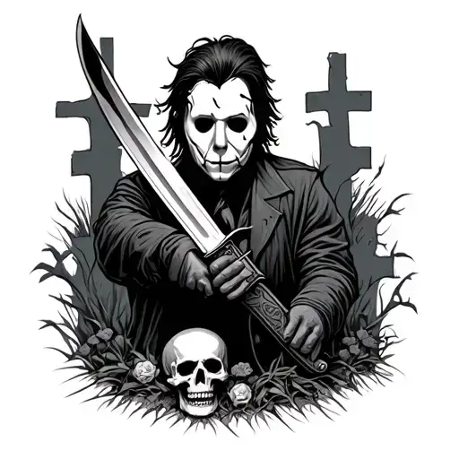 Tattoo Sleeve of Michael Myers Holding his knife over a cemetery with a skull and pennywises face tattoo design idea