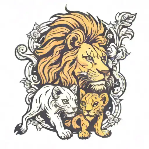Lion and 2 cubs surrounded tattoo design idea