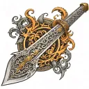 An ornate, double-edged sword with intricate engravings on the blade, surrounded by swirling flames and mythical creatur tattoo design idea