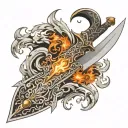 An ornate, double-edged sword with intricate engravings on the blade, surrounded by swirling flames and mythical creatur tattoo design idea