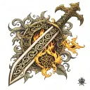 An ornate, double-edged sword with intricate engravings on the blade, surrounded by swirling flames and mythical creatur tattoo design idea