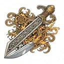 An ornate, double-edged sword with intricate engravings on the blade, surrounded by swirling flames and mythical creatur tattoo design idea