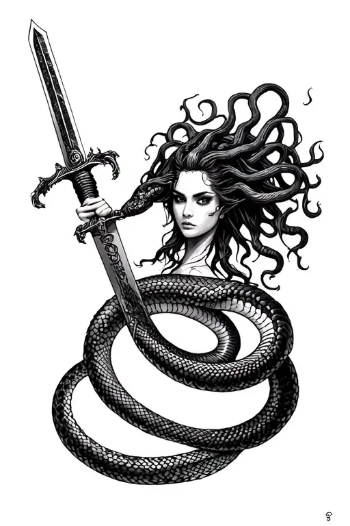 Full Body Half snake half human Medusa holding a samurai sword tattoo design idea