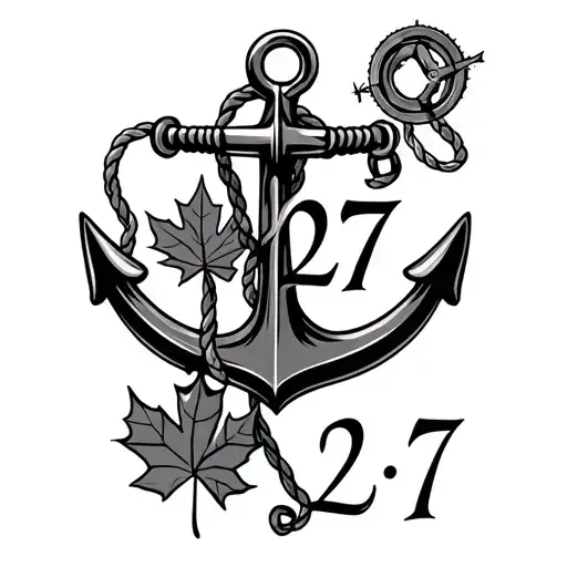 anchor with the number 27 stamped on it with rope dangling and a compass and a maple leaf in the middle of the anchor  tattoo design idea