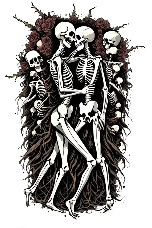undying love with soulmate skeletons dancing figure surrounded tattoo design idea