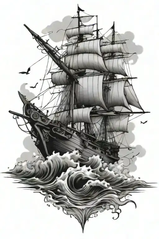 A battleship sinking beneath waves crashing tattoo design idea