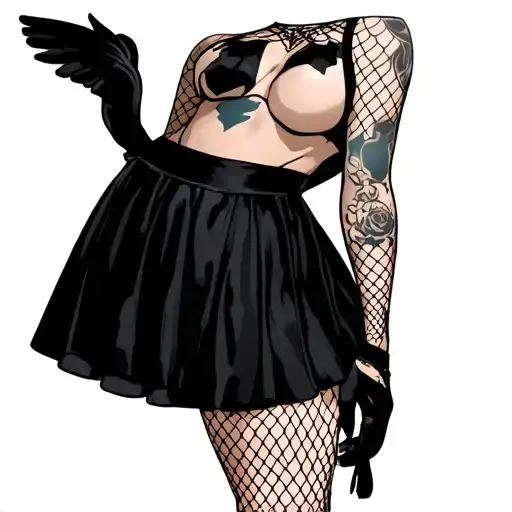 Create a cartoon-style realistic gothic pinup style woman, in fishnets, short skirt, small waist, full body tattoo design idea