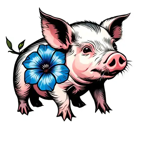 baby pig with blue morning glory flower  tattoo design idea