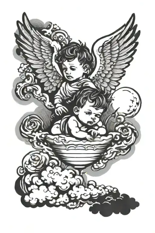 baby angel on the middle above him clouds  with the written under "life or death brothers are forever" tattoo design idea