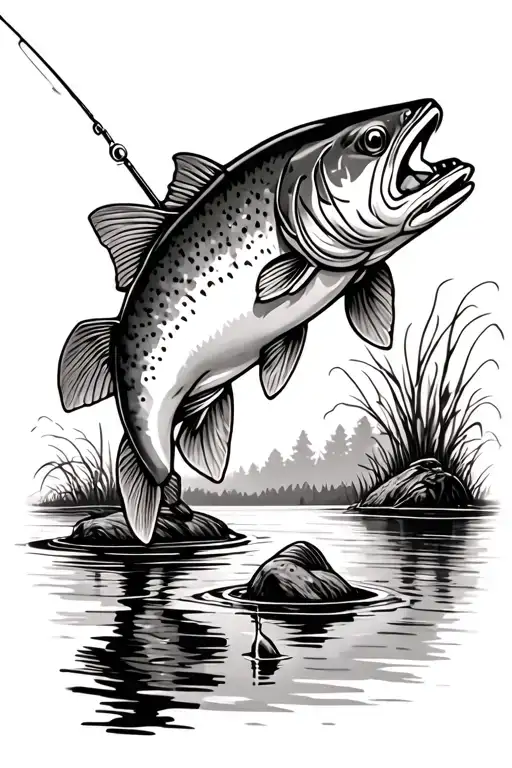 rainbow trout outline with fishing scene inside tattoo design idea
