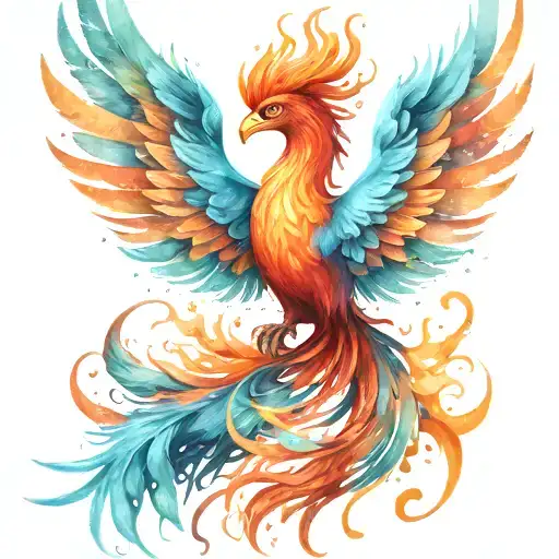 realistic phoenix with detailed feathers and flames rising from the ashes tattoo design idea