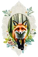 floral lace background with fox running through forest tattoo design idea