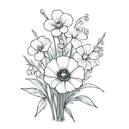 Fine Line flower bouquet with a primrose, lily of the valley, poppy and 2 narcissus flowers tattoo design idea