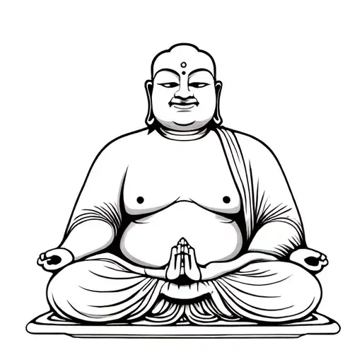 Fat Buddha meditating and serious without smiling with the hand of prayer tattoo design idea