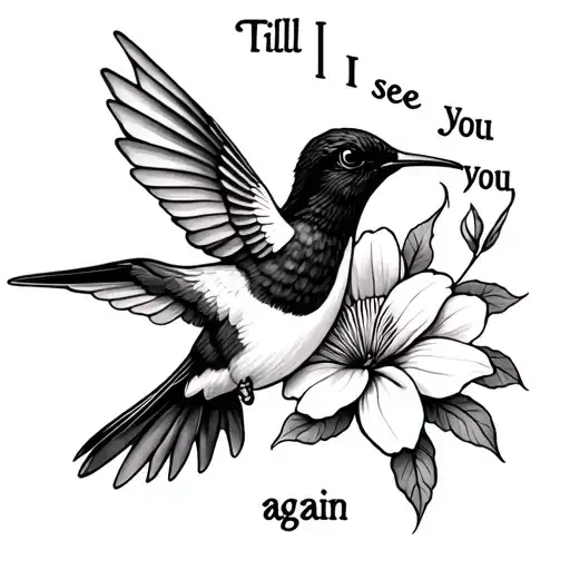 "Till I see you again" Humming Bird with flower black and white tattoo design idea