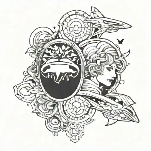 Tattoo design of two Gemini twins intertwined with wedding rings, incorporating elements of travel like airplanes and suitcases tattoo design idea