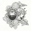 Tattoo design of two Gemini twins intertwined with wedding rings, incorporating elements of travel like airplanes and suitcases tattoo design idea