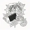 Tattoo design of two Gemini twins intertwined with wedding rings, incorporating elements of travel like airplanes and suitcases tattoo design idea