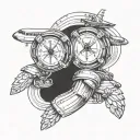 Tattoo design of two Gemini twins intertwined with wedding rings, incorporating elements of travel like airplanes and suitcases tattoo design idea