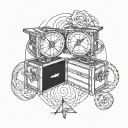 Tattoo design of two Gemini twins intertwined with wedding rings, incorporating elements of travel like airplanes and suitcases tattoo design idea