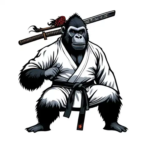 judo gorilla wearing a black belt in white kimono holding a katana tattoo design idea