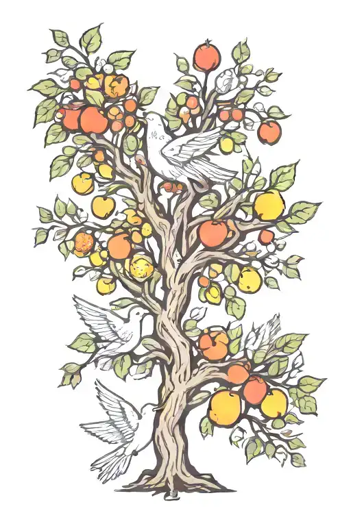 A tree filled with nine fruits representing the fruits of the spirit and a dove flying over that tree tattoo design idea