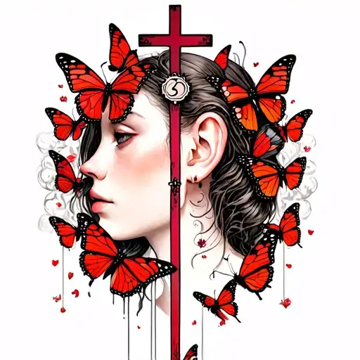 a small cross surrounded by red butterflies behind ear tattoo design idea