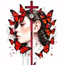 a small cross surrounded by red butterflies behind ear tattoo design idea