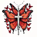 a small cross surrounded by red butterflies behind ear tattoo design idea