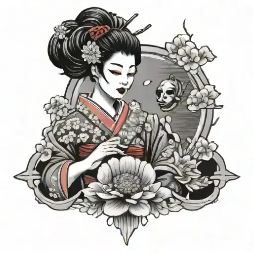 geisha holding hannya mask cherry blossom fan tattoo design idea