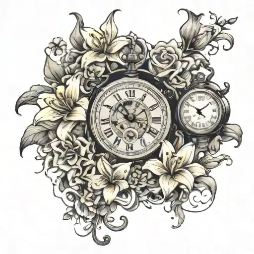 A sand clock pouring& a analytical clock stopping on 11:59 pm surrounded by lily flowers.  tattoo design idea