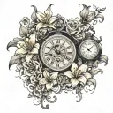 A sand clock pouring& a analytical clock stopping on 11:59 pm surrounded by lily flowers.  tattoo design idea