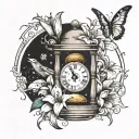 A sand clock pouring& a analytical clock stopping on 11:59 pm surrounded by lily flowers.  tattoo design idea