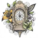 A sand clock pouring& a analytical clock stopping on 11:59 pm surrounded by lily flowers.  tattoo design idea