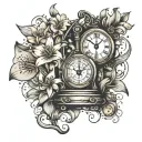 A sand clock pouring& a analytical clock stopping on 11:59 pm surrounded by lily flowers.  tattoo design idea
