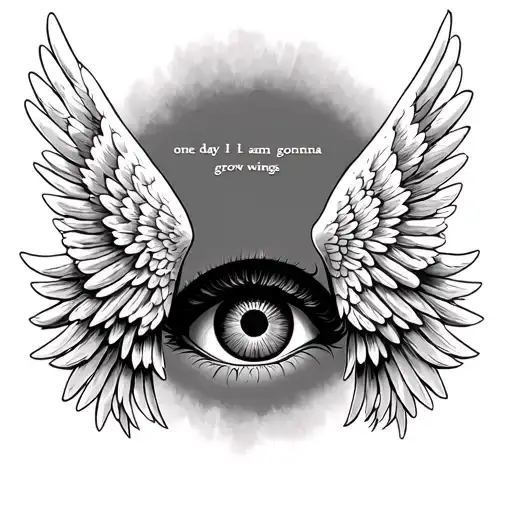biblically accurate angel multiple wings coming out of an eye in the center lyrics "one day I am gonna grow wings" above tattoo design idea