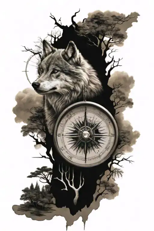 wolf forest landscape compass  warrior tattoo design idea