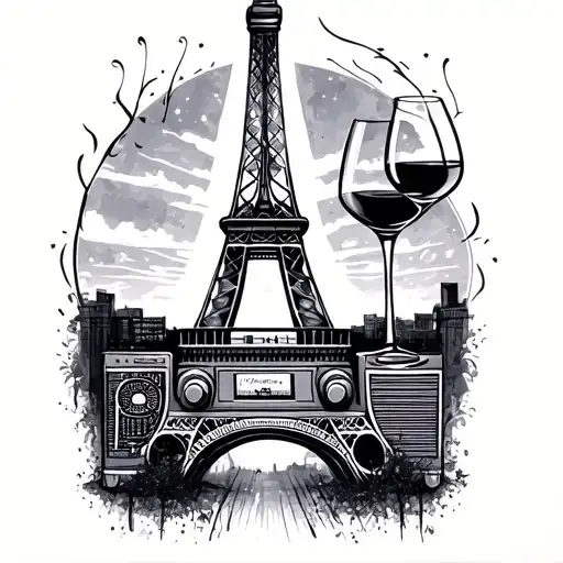 Eiffel Tower , bottle of wine, radio, danced in the dark tattoo design idea