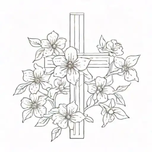 forget me not flowers on a fine line cross minimalistic feminine tattoo design idea