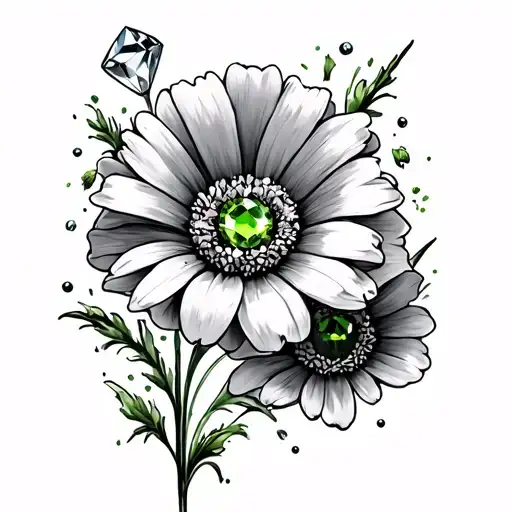 daisy, diamond, poppy flower, peridot tattoo design idea