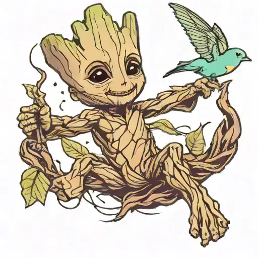 baby groot reaching for a hummingbird hovering tattoo design idea