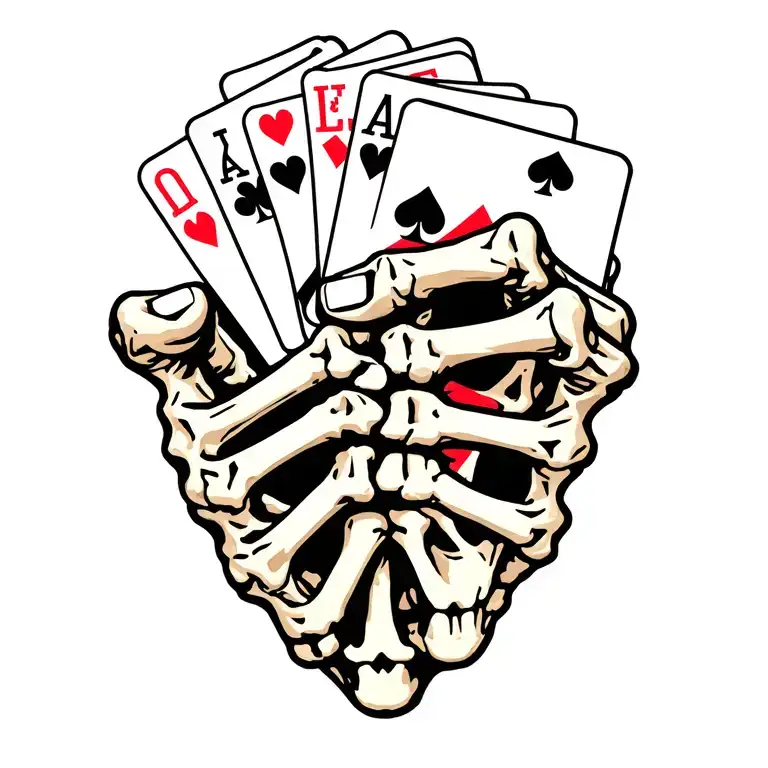 Skeleton hand holding 4 Playing cards that spell out Life tattoo design idea
