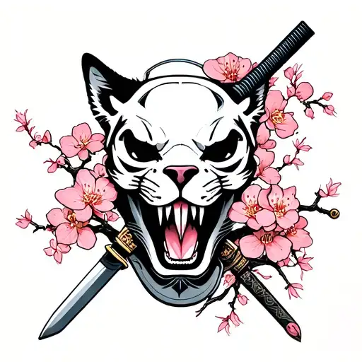 oriental panther skull with samurai sword piercing thru top of skull and cherry blossoms tattoo design idea